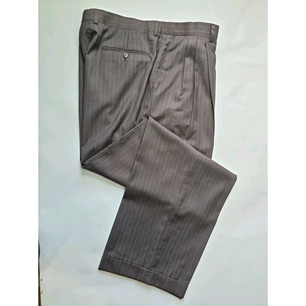 Vtg Bachrach Men's Pleated Wool Dress Pants 38x32 Brown Blue Stripe